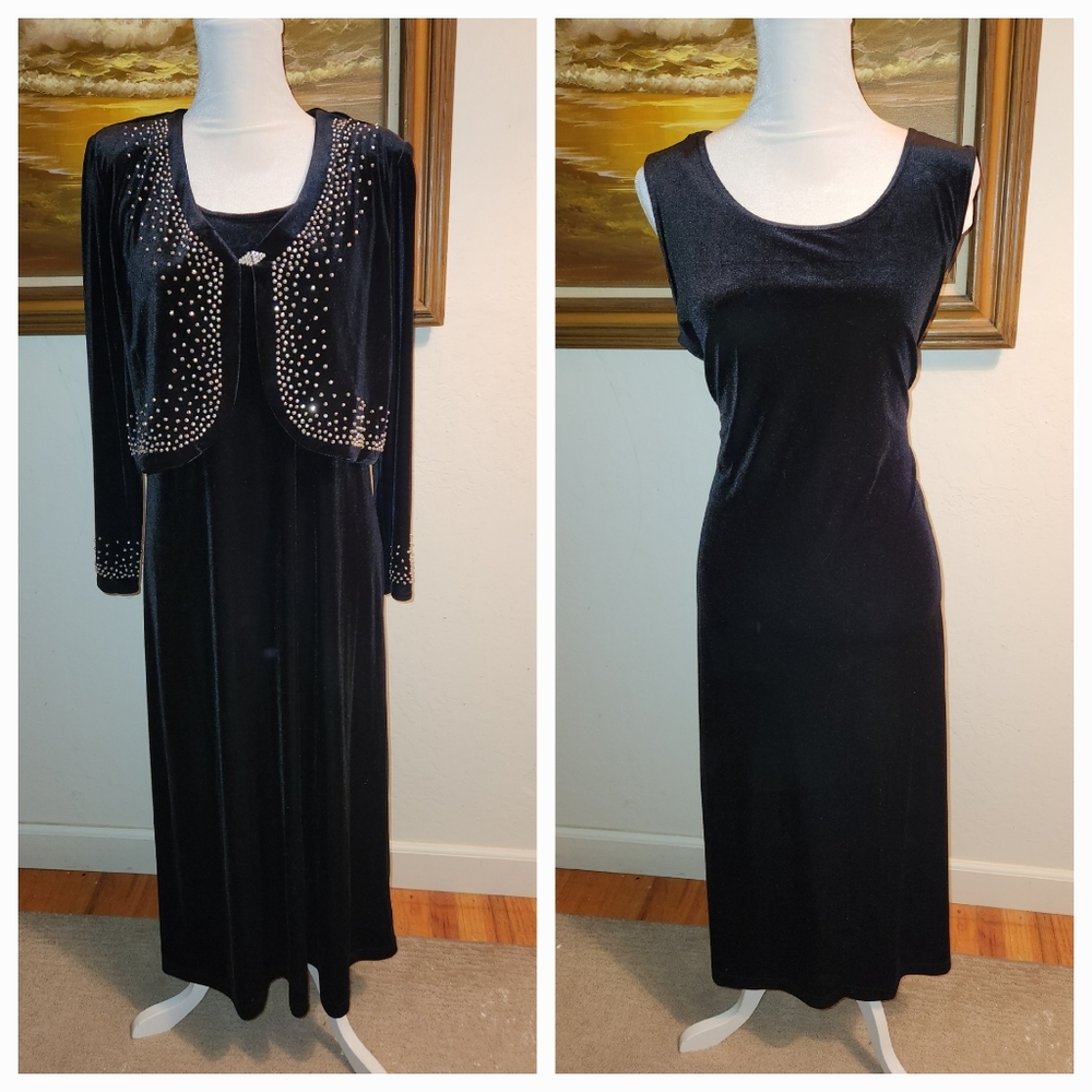 Vintage 1980s Black Velvet Sleeveless Maxi Dress & Studded Long-Sleeve Jacket